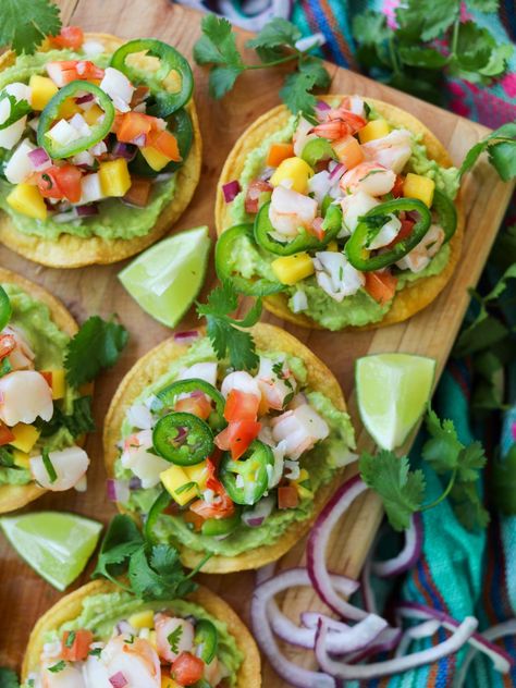 Shrimp Ceviche Tostadas Ceviche Tostada, Seafood Ceviche, Mexican Ceviche, Shrimp Tostadas, Ceviche Recipe, Crispy Shrimp, Shrimp Ceviche, Pasta Sides, Mashed Avocado