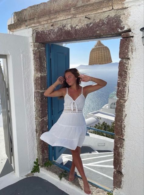 Greece vacation outfit #greece #vacation #outfit #aesthetic Greece Dresses, Greece Summer Outfits, Siren Oc, Greece Vacation Outfit, Santorini Outfit, Greece Dress, Egypt Outfits, Greece Aesthetic, Greece Outfit