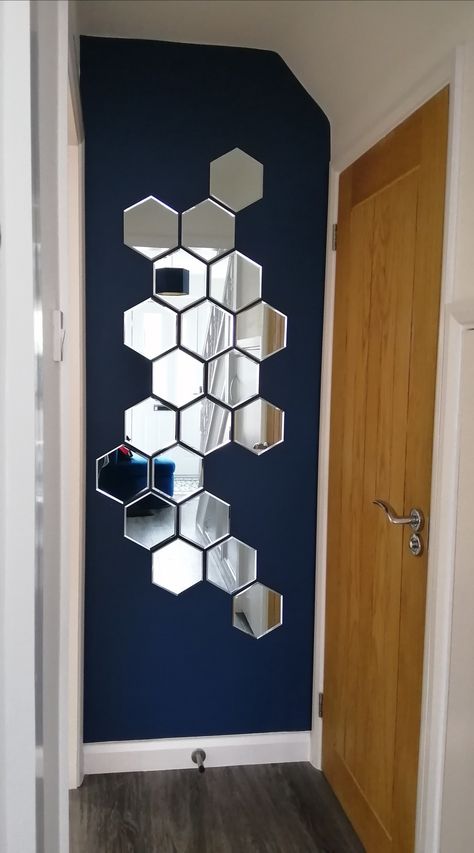 I was looking for something different for my hallway. I didn't want a stand 'boring' mirror hung on the wall. Found these hexagon bathroom mirrors in Dunelm to create a little something different. To make them stand out I painted the wall Sapphire Salute 💖 Acrylic Mirror Wall Decor Hexagon, Dunelm Paint, Hexagon Mirror Wall Decor Ideas, Sapphire Salute, Hexagon Mirror Wall Decor, Mirror Wall Decor Bedroom, Hexagon Mirror, Transitional Decor Living Room, Mirror Ideas