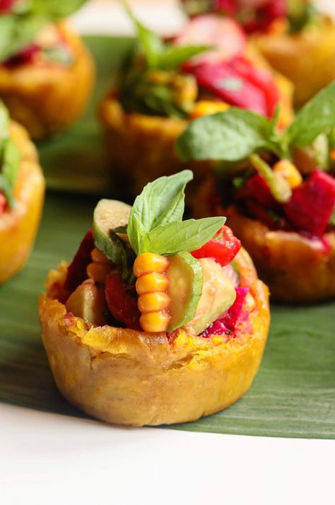 Plantain Cups with Shrimp (Tostones Rellenos de Camarones) Shrimp Tostones, Caribbean Appetizers, Tostones Rellenos, Plantain Cups, Types Of Cooking Oil, Easy To Make Snacks, Food Buffet, Party Food Buffet, Plantains Fried