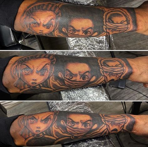 Rappers Tattoos, Boondocks Saints Tattoo, Ghost Face Forearm Tattoo, Boondocks Tattoo Designs, Boondocks Forearm Tattoo, Boondocks Tattoo, Mount Rushmore Tattoo, Tupac Sleeve Tattoo, Glow Tattoo