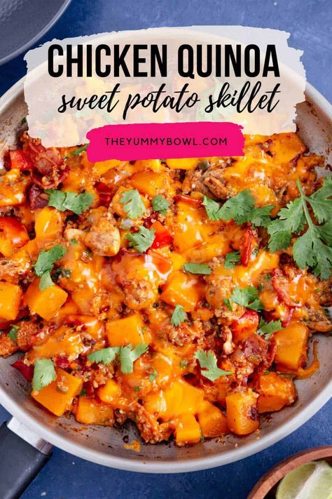 This Mexican Chicken Quinoa Sweet Potato Skillet is a scrumptious, fulfilling, and easy-to-make meal that will be on your dinner table in under 30 minutes. Juicy chicken thighs, crispy bacon, and tender sweet potato cubes are cooked in spices, salsa, and green chilies and all this goodness is topped with melty cheddar cheese. Chicken Sweet Potato Quinoa Bowl, Rotisserie Chicken And Sweet Potatoes, Ground Chicken And Sweet Potato Recipes, Chicken Thigh Sweet Potato Recipes, Sweet Potato And Chicken Recipes, Chicken Quinoa Sweet Potato, Chicken Sweet Potato Recipes, Chicken And Sweet Potato Recipe, Canned Sweet Potato Recipes