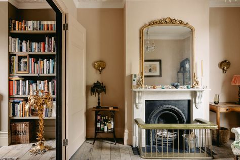 Shady Patio, Reclaimed Fireplace, Painted Window Frames, Decor Palette, Fitted Cabinets, Old Brick Wall, Marble Fireplace Surround, House In London, Cottage Style Kitchen