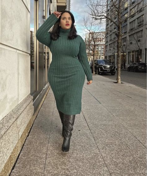 Long Sweater Dress With Boots Maxi, Long Sweater Dress Outfit With Boots, Dress Long Boots, Sweater Dress With Boots, Fashionable Business Attire, Plus Size Sweater Dress, Church Fits, Plus Size Looks, Sweater Dress Outfit