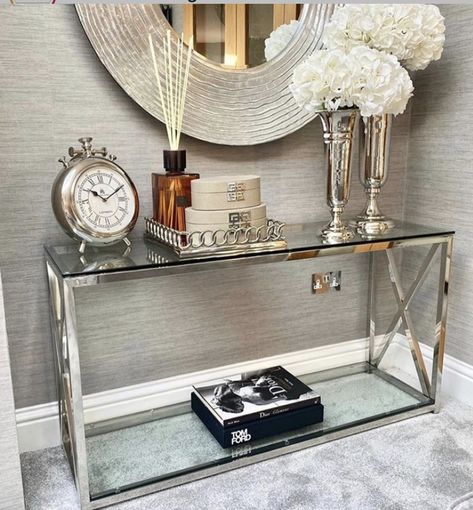 Glass Console Table Decorating, Curtains And Pelmets, Console Table Styling, Console Table Decorating, Console Table Hallway, Glass Console Table, Mirror Console, Table And Chair Sets, Dining Table Chairs