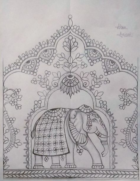 Elephant Drawing For Embroidery, Elephant Drawing For Aari Work, Elephant Aari Design, Lippan Art Elephant Design, Drawing For Aari Work, Elephant Lippan Art, Pattern Embroidery Design Drawings, Elephant Drawing Cute, Border Embroidery Designs Patterns