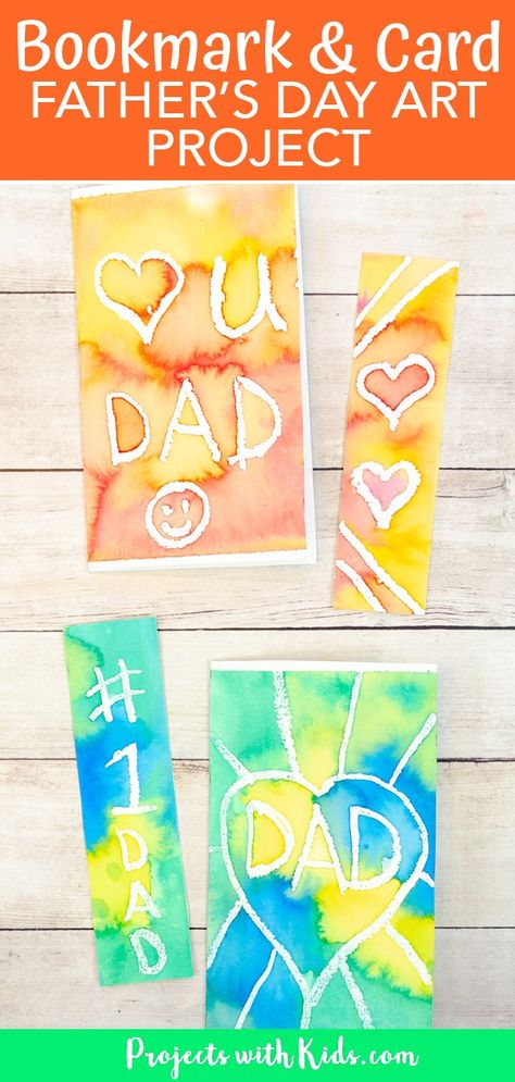 Kids will love to make this colorful Father's Day bookmark and card set for their dad or grandpa as a special handmade gift. A super easy watercolor art project for kids of all ages! #projectswithkids #fathersdaycrafts #watercolorpainting #diybookmarks Kids Craft Fathers Day, Fathers Day Card Ideas From Kids, Easy Fathers Day Crafts For Kids, Fathers Day Card From Kids, Fathers Day Cards For Kids, Diy Father's Day Cards, Art Kindergarten, Kids Fathers Day Crafts, Handmade Father's Day Gifts