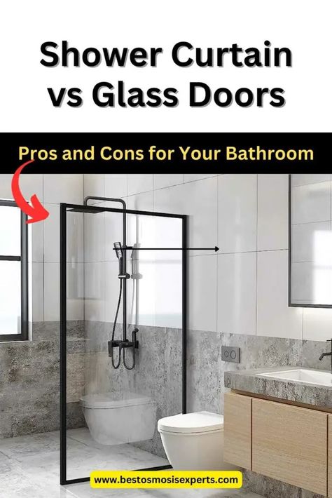 Shower Curtain vs Glass Doors: Pros and Cons for Your Bathroom 3 Glass Shower Door With Curtain, Shower Curtain Or Glass Door, Shower Curtain With Glass Door, Shower Curtain Vs Shower Doors, Shower Curtain Vs Glass Door, Black Fixtures Bathroom, Luxury Bath Mats, Bathroom Upgrade, Glass Shower Doors