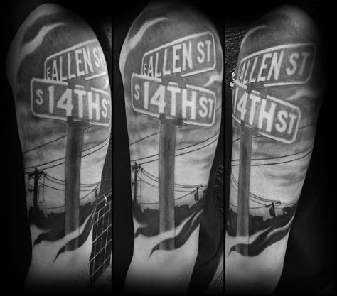 30 Street Sign Tattoo Ideas For Men - Navigational Designs Street Sign Tattoo Ideas, Street Sign Tattoos For Men, Street Address Tattoo, Street Name Tattoo, Street Sign Tattoo Design, Street Signs Tattoo, Street Tattoo Design, Street Tattoos For Men, Street Sign Tattoo