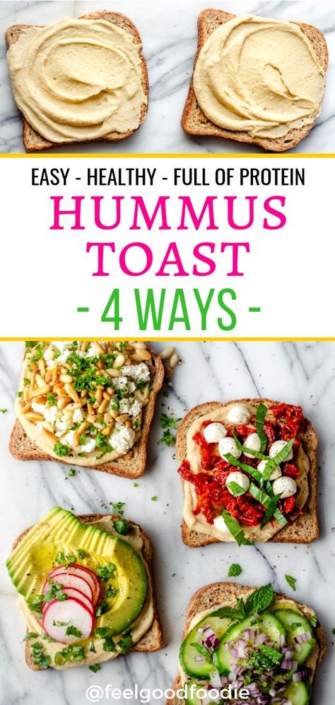 This Hummus Toast recipe is an easy protein-packed healthy snack. You can make it using homemade or store-bought hummus and customize it with any toppings! Hummus Toast | Breakfast Ideas | Snack Recipes | Healthy Snacks | Chickpeas | Plant Based Protein #hummustoast #snackideas #hummus #toast #healthysnacks #feelgoodfoodie Toast Breakfast Ideas, Protein Toast, Hummus Toast, Best Hummus Recipe, Healthy Hummus, Easy Protein, Toast Toppings, Summer Meals, Breakfast Toast