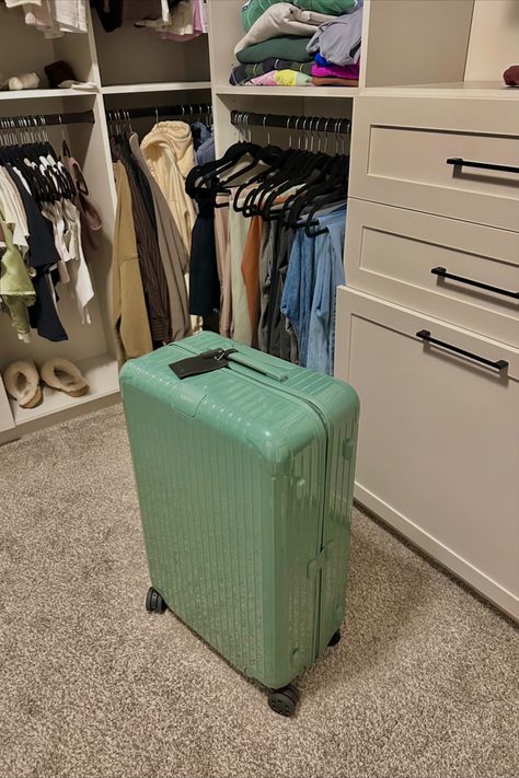 travel, travel essentials, travel luggage, packing luggage, travel aesthetic, green luggage, suitcase, green suitcase Green Suitcase, Green Luggage, Travel Luggage Packing, Luggage Packing, Packing Luggage, Luggage Suitcase, Aesthetic Green, Airport Outfit, Travel Aesthetic