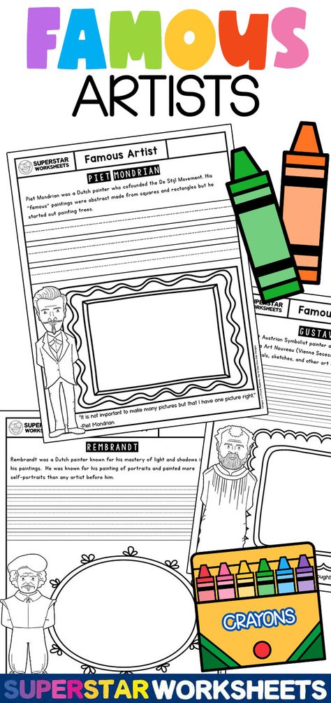 Free Famous Artists journaling pages provide abstract studies of famous artists. Students will learn how to paint like famous artists, how to journal, and more. These journal pages are perfect for upper elementary students to complete an art study. #art #famousartists #paintlikeanartist #design #creative #elementary #artlessons #arthistory Upper Elementary Art, Famous Artists For Kids, Famous Art Pieces, Artist Of The Week, How To Journal, Famous Artists Paintings, Famous Abstract Artists, Art History Lessons, Journaling Pages