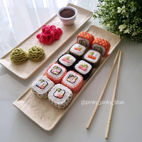 Sushi Crochet Patterns // Pinky Blue on Etsy | Sushi Crochet Pattern Free, Crochet Noodles, Crochet Ramen, Amigurumi Sushi, Sushi Crochet, Blue Amigurumi, Crochet Sushi, Food Crochet Pattern, Pinky Pinky