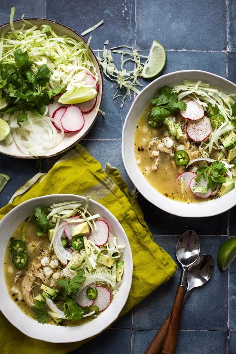 Shortcut Chicken Pozole Verde Green Chicken Pozole, Chicken Pozole Verde, Firehouse Recipes, Chicken Pozole Recipe, Chicken Pozole, Pozole Verde, Chicken Verde, Pozole Recipe, Jarred Salsa