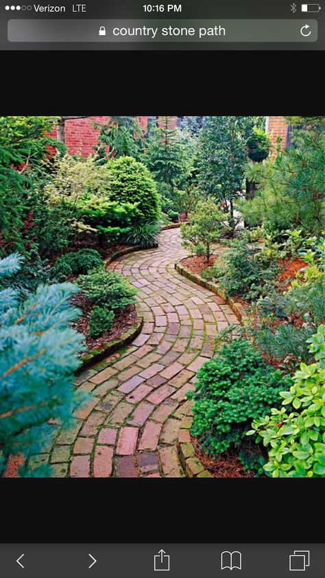 Windy brick path Rock Pathways, Moss Lawn, Paver Path, Rock Pathway, Yard Inspiration, Brick Path, Brick Walkway, Brick Paving, Walkways Paths