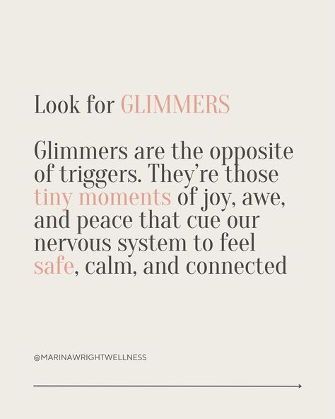 Marina Wright | Triggers can lead to dysregulation, but let’s explore the world of GLIMMERS that bring about regulation! ‌ 💫 Glimmers can be found in the… | Instagram Glimmers Quotes, Glimmer Quotes, Dorsal Vagal, Lower Heart Rate, Polyvagal Theory, Lower Cortisol, Lower Cortisol Levels, High Cortisol, Cortisol Levels