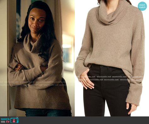 Amy’s taupe cowl neck sweater on From Scratch. Outfit Details: https://wornontv.net/320783/ Hobbs London, Solo Trip, Zoe Saldana, Detailed Sweater, Midi Shirt Dress, Geo Print, Mens Plus Size, Cowl Neck Sweater, Latest Outfits