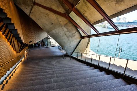 Sydney Opera House - Interior Stairs - The Sydney Opera House has a total of 1000 rooms. Wooden Skyscraper, Clad Home, Concrete Architecture, Wooden Architecture, Wood Architecture, Timber Structure, Visit Australia, Interior Stairs, Timber Wood