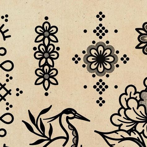 Cj on Instagram: "༶ FLASH ༶ All designs are repeatable!" Polish Folk Art Tattoo Black, Mexican Folk Tattoo, Traditional Folk Tattoo, Folk Art Tattoo, Swedish Tattoo, Folk Tattoo, Grandfather Tattoo, Polish Tattoos, Mom Daughter Tattoos