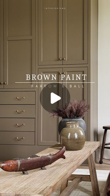 LIZ +  AMY on Instagram: "It’s so good guys 🤎 and it’s handmade to order, making it even more special! Farrow and ball make the most gorgeous paints so I did not hesitate. I promise you will love it. It’s the perfect Moody, neutral backdrop. It would be gorgeous on kitchen cabinets, I’m actually considering painting my pantry this color, don’t tell my husband 😂

Brown paint, custom closet, brown cabinets, farrow & ball paint, large armoire closet, Victorian homes, period homes" Mushroom Brown Walls, Brown Cabinet Paint, Broccoli Brown Farrow And Ball, Mouses Back Farrow And Ball, Brown Painted Cabinets, Masculine Study, Large Armoire, Moody Neutral, Armoire Closet