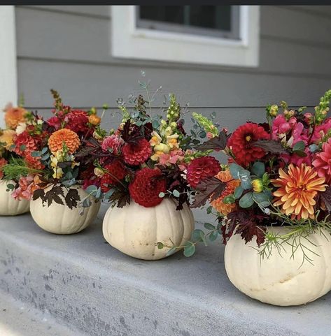 Fall Centerpieces Birthday, Terracotta Pot Flower Arrangement, Fall Party Table Centerpieces, Fall Event Centerpieces, Fall 50th Anniversary Party, Pumpkin And Flower Centerpieces, Floral Pumpkin Centerpiece, Fall 80th Birthday Party Ideas, Fall 50th Birthday Party Ideas