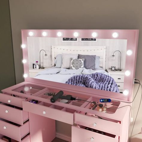 Boahaus LLC Boahaus EXTRA-LARGE Makeup Vanity with Lights, 11 Drawers, Large Mirror, Built In Lights, Power Outlet, Glass Top & Reviews | Wayfair Makeup Vanity With Lights, Vanity With Lights, Tv Stand Kitchen, Makeup Vanity Lighting, Kitchen Wall Cabinets, Bookcase Desk, Linen Cabinets, Bedroom Armoire, Kitchen Stand