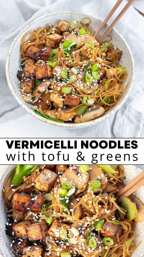 These vermicelli noodles with miso-tamari sauce, tofu and greens, are the perfect comfort dish, full of flavour and ready in less than 30 minutes. Great meal for the whole family! Vegan & gluten-free. Whole 30 Tofu Recipes, Vermicelli Tofu Recipes, Vegan Rice Vermicelli Recipes, Tofu Vermicelli Recipes, Tofu Vermicelli Bowl, Vegan Vermicelli Recipes, Tofu Vermicelli, Vermicelli Bowl, Nice Meals