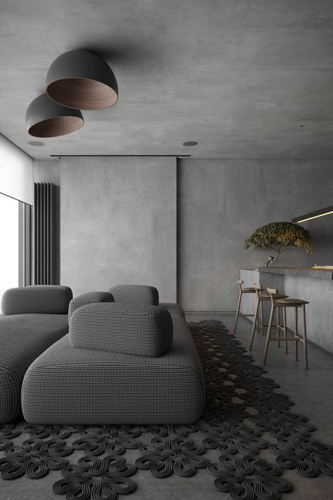 vm2h2 on Behance Concrete Effect Paint, Concrete Interiors, Curved Wood, 아파트 인테리어, Gray Interior, Home Room Design, 인테리어 디자인, Interior Design Services, House Rooms