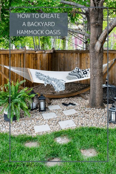 Patios Around Trees, Corner Yard Landscaping Ideas, Small Backyard Oasis Ideas, Hammock Oasis, Seasonal Campsite, Florida Backyard, Backyard Goals, Backyard Hammock, Corner Garden