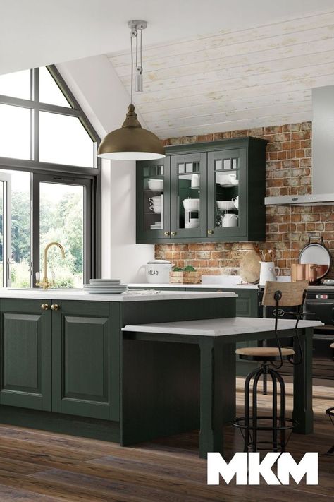 Green Kitchen Brick Wall, Green Brick Kitchen, Green Kitchen White Worktop, Green Kitchen With Brick Wall, Green Kitchen With Brick Backsplash, British Racing Green Kitchen, Green And Brick Kitchen, Bottle Green Kitchen, Dark Green Kitchen Brick Wall