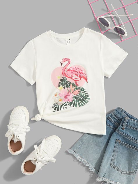 White Casual Collar Short Sleeve Cotton Tropical,Flamingo  Embellished Slight Stretch  Girls Clothing Pink Tropical T-shirt For Spring, Cheap Tropical Printed T-shirt, Casual Summer T-shirt With Flamingo Print, Flamingo Tropical, Pink Flamingo Print Short Sleeve T-shirt, Casual Cotton T-shirt With Flamingo Print, Tropical Flamingo, Girls T Shirts, Fiesta Tropical