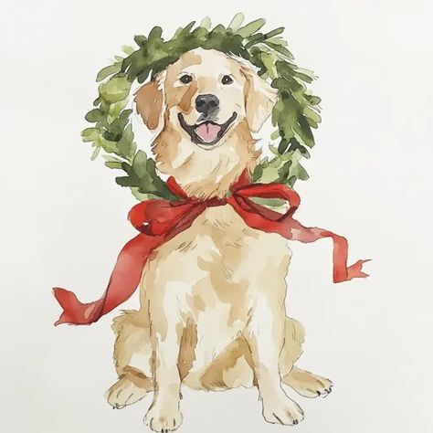 ↑↑↑ Larger size on website 🔸 The watercolor painting depicts a golden retriever wearing a Christmas wreath and a red bow around i Christmas Dog Watercolor, Golden Retriever Watercolor Painting, Watercolor Golden Retriever, Watercolour Dogs, Golden Retriever Christmas Card, Watercolor Christmas Art, Christmas Watercolors, Golden Retriever Watercolor, Golden Retriever Painting