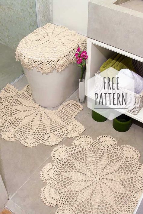 Crochet for Bathrooms Free Pattern Crochet Bathroom Set, Crochet Bathroom Rug, Crochet Bath Mat, Crochet Bathroom, Crochet Rug Patterns Free, Knitting Bag Pattern, Crochet Mat, Crochet Rug Patterns, Crochet Bag Pattern Free