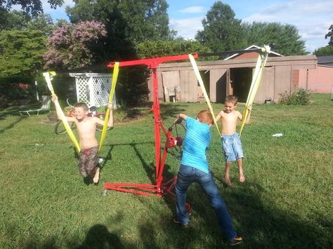 DIY Children's Carnival Style Swing Ride ~ This simple build required only a drywall hoist and two 20 foot nylon tow straps my wife and I had purchased for renovating houses. Your kids will have fun! #diy #kids #summer Grandkid Crafts, Satellite Dish Antenna, Diy Outdoor Toys, Cub Scouts Bear, Park Party, Diy Carnival, Cell Phone Signal, Vbs Ideas, Satellite Dish