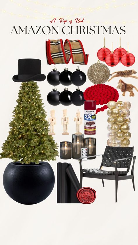 Kate Spade Inspired Christmas Decor, Black Red Gold Christmas Decor, Black Red And Gold Christmas Decor, Black Red Christmas Decor, Red Black And Gold Christmas Tree, Red White And Black Christmas Tree, Black White And Red Christmas Tree, Black Themed Christmas, Black Red And White Christmas Tree