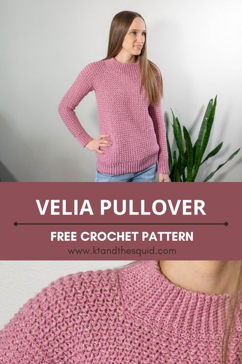 Free Crochet Sweater Pattern - Velia Pullover | KT and the Squid Crochet Jumper Free Pattern Women's Sweaters, Crochet Sweaters Women Pattern Free, Crochet Top Down Sweater Free Pattern, Crochet Sweater Pattern Free Easy, Top Down Crochet Sweater Pattern Free, Lace Crochet Cardigan Pattern, Crochet Jumper Free Pattern, Crochet Sweater Pattern Free Women, Sweater Pattern Free