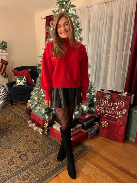 Red sweater from and other stories black leather skirt from jcrew black knee high boots from silent d Gucci tight Christmas Outfit With Tights, Christmas Outfits With Boots, Christmas Party Outfits With Boots, Christmas Dinner Outfit Classy, Outfits With Over The Knee Boots, Outfit With Tights, Sweater Styling, Christmas Dinner Outfit, Office Holiday Party Outfit