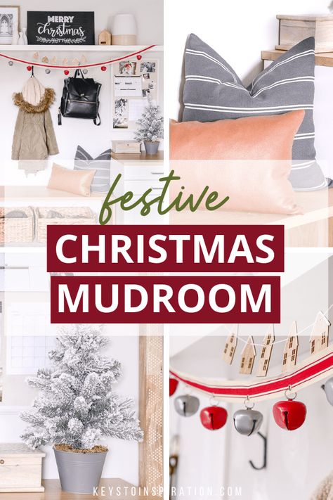 A festive seasonal Christmas mudroom. Christmas details make this entryway shine for the holiday season. #christmas #christmasdecor #christmasdecorations decorating ideas || home decor ideas || modern home #homedecor #hometour #decorate Mudroom Christmas Decor Ideas, Mudroom Christmas Decor, Christmas Mudroom, Home Decor Ideas Modern, Christmas Details, Christmas Entryway, Mudroom Decor, Christmas Dining Room, Entry Decor