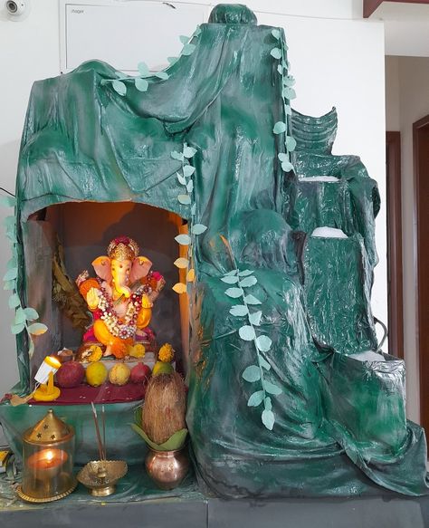 Waterfall Cave, Ganesh Decoration, Water Wall Fountain, Ganapati Bappa, Ganpati Decoration At Home, Ganapati Decoration, Water Wall, Ganpati Decoration, Wall Fountain