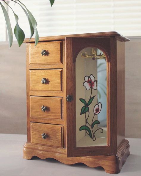 Vintage wooden jewelry box 💚 • Like new! • $73 • DM for inquiries • #shopwintage Hanging Necklaces, Wooden Jewelry Box, Jewelry Cabinet, Wooden Jewelry Boxes, Wooden Jewelry, Filing Cabinet, Glass Door, Jewelry Box, Vintage Jewelry