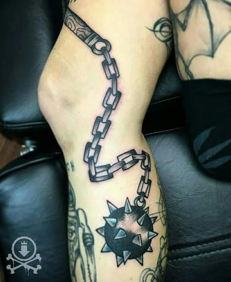 Awesome medieval mace tattoo by Rebecca G. #12ozstudios #team12oz . . . Gogo yubari mace palm tattoo Mace And Chain Tattoo Design, Chain Mace Tattoo, Gogo Yubari Tattoo, Mace Tattoo Traditional, Mace Tattoo Design, Flail Tattoo Design, Black N White Tattoos, Mace Tattoo, Flail Tattoo