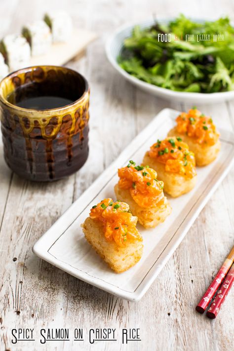 Spicy Salmon on Crispy Rice Recipe – FOOD is Four Letter Word Spicy Crab Salad Recipe, Crispy Rice Recipe, Mochi Donuts Recipe, Chicken Katsu Recipes, Rice Crispies Recipe, Hawaiian Plate Lunch, Mac Salad Recipe, Katsu Recipes, Yummy Waffles