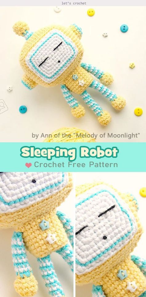 Sleeping Robot Free Crochet Pattern #freecrochetpatterns  #crochetamigurumi  #crochettoysforkids Crochet Boy Toys, Crochet Toys For Boys, Crochet Gifts For Boys, Diy Plush, Crochet Monster, Clay Kawaii, Monster Anime, Sock Monster, Felt Monster