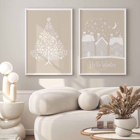 Neutral Christmas Poster Duo. This duo set includes an elegant Christmas tree and village print, perfect for adding minimalist holiday charm to your wall decor. Neutral Christmas, Elegant Christmas Trees, Winter Wall Art, Holiday Wall Art, Hello Winter, Christmas Poster, Elegant Christmas, Digital Download Etsy, Art Digital