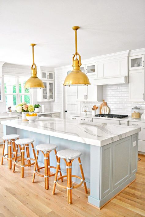 Farmhouse style has taken over the design world, but it is still open to interpretation. We talked to three homeowners with different aesthetics to learn how they've interpreted the look in their homes. Hiasan Dalaman Dapur, Dapur Moden, Blue Kitchen Designs, Light Blue Kitchens, Kursi Bar, Small Kitchens, Classic Kitchen, Coastal Kitchen, Kitchen Island Design