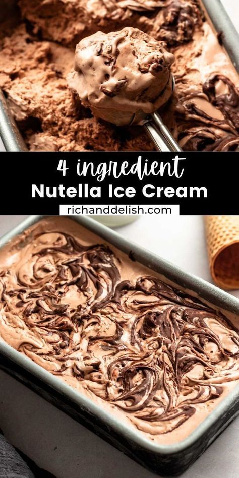 This no churn Nutella ice cream is creamy, rich, and chocolaty, comes together in one bowl, and is made with only 4 ingredients. Nutella Ice Cream Recipe, Nutella Ice Cream, Custard Ice Cream, Nutella Buttercream, Ice Cream Scooper, Banana Nutella, Dessert For Two, Easy Ice Cream, No Churn Ice Cream