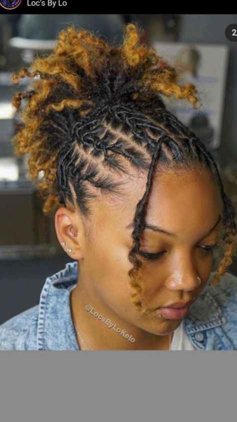 Short Loc Designs For Women, Dreds Locs Natural Hair, Loc Hairstyles On Short Locs, Starter Loc Short Styles, Hairstyle For Starter Locs, Neck Length Dreadlocks Styles, Braid Locks Locs Natural Hair, Loc Styled For Short Locs, Dreadlock Styles For Short Hair