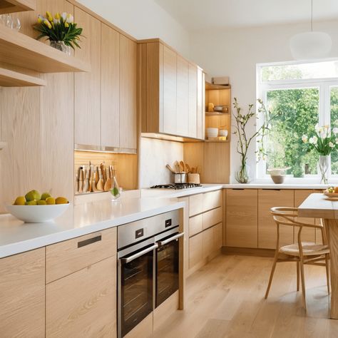 Light Wood Modern Kitchen, White Oak Kitchens, Oak Kitchen Ideas, Barndo Kitchen, Modern Oak Kitchen, Luxury White Kitchen, Oak Kitchens, White Oak Kitchen Cabinets, Circle Kitchen