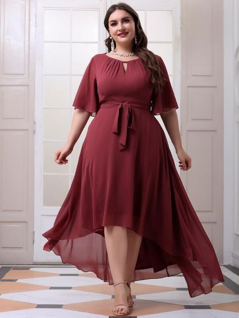 Plus Chiffon Asymmetrical Hem Belted Dress | SHEIN USA Butterfly Dresses, Long Back Dress, Asymmetrical Hem Dress, Elegant Maxi Dress, Plain Dress, Elegant Dresses Long, Swiss Dot, Asymmetrical Hem, Hem Dress