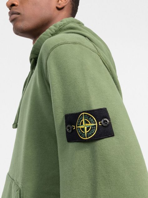 Compass patch zipped hoodie from STONE ISLAND featuring light olive green, cotton, logo patch at the sleeve, drawstring hood, long sleeves, front zip fastening, two front pouch pockets and ribbed trim. | Stone Island Compass patch zipped hoodie Light Olive Green, Designer Hoodies, Zipped Hoodie, Hoodie Green, Ami Paris, Hoodies For Men, Feature Light, Cotton Logo, Palm Angels